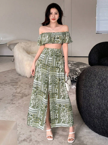 DAZY Women's 2pcs/Set Off Shoulder Plant Printed Crop Top With Ruffle Hem & High Slit Skirt