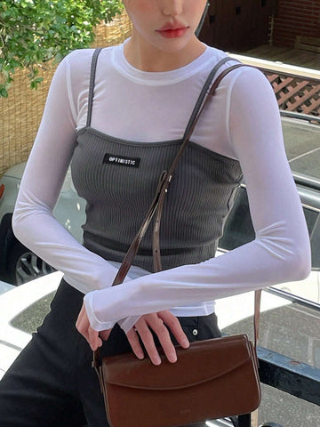 DAZY Women's 2pcs/Set Sheer Mesh Long Sleeve Top And Slim Fit Woven Label Top, With Sleeveless Camisole