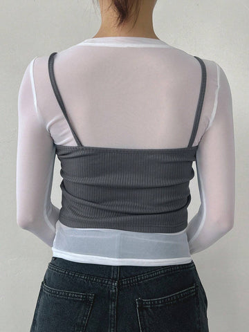 DAZY Women's 2pcs/Set Sheer Mesh Long Sleeve Top And Slim Fit Woven Label Top, With Sleeveless Camisole