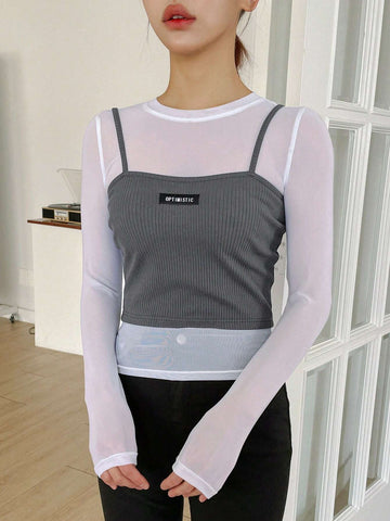 DAZY Women's 2pcs/Set Sheer Mesh Long Sleeve Top And Slim Fit Woven Label Top, With Sleeveless Camisole