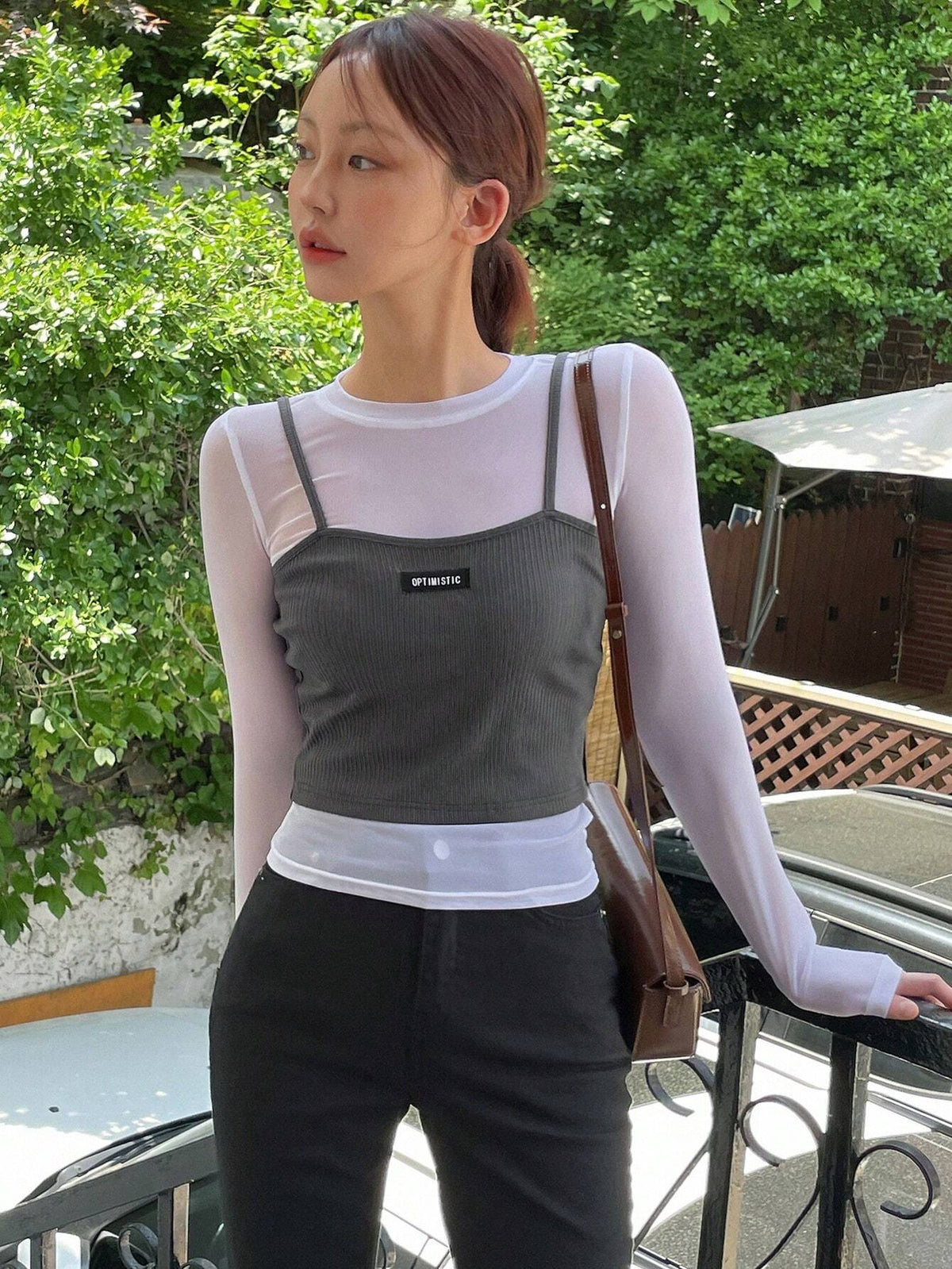 DAZY Women's 2pcs/Set Sheer Mesh Long Sleeve Top And Slim Fit Woven Label Top, With Sleeveless Camisole