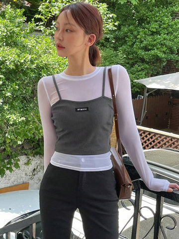 DAZY Women's 2pcs/Set Sheer Mesh Long Sleeve Top And Slim Fit Woven Label Top, With Sleeveless Camisole