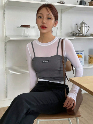 DAZY Women's 2pcs/Set Sheer Mesh Long Sleeve Top And Slim Fit Woven Label Top, With Sleeveless Camisole