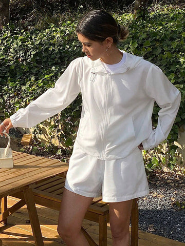 DAZY Women's 2pcs/Set Solid Loose Hooded Zipper Closure Drawstring Jacket And Shorts