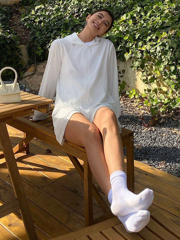 DAZY Women's 2pcs/Set Solid Loose Hooded Zipper Closure Drawstring Jacket And Shorts