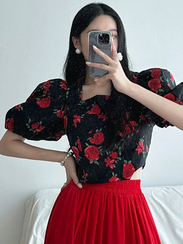 DAZY Women's All-Over Floral Print Square Neck Collar Puff Sleeve Cropped Shirt,