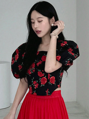 DAZY Women's All-Over Floral Print Square Neck Collar Puff Sleeve Cropped Shirt,