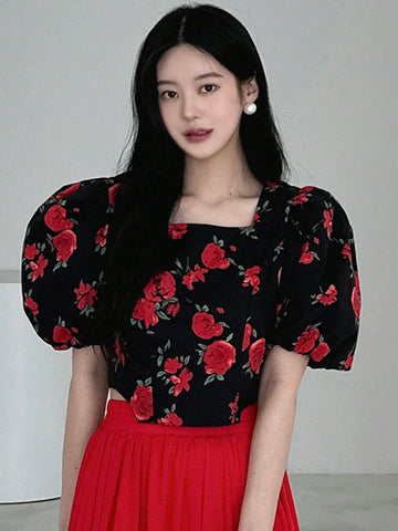 DAZY Women's All-Over Floral Print Square Neck Collar Puff Sleeve Cropped Shirt,