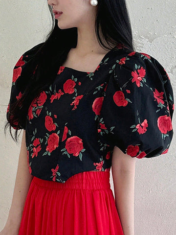 DAZY Women's All-Over Floral Print Square Neck Collar Puff Sleeve Cropped Shirt,