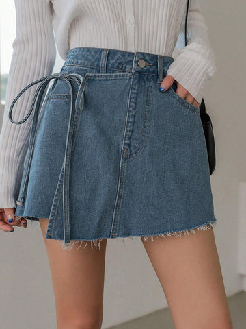 DAZY Women's Asymmetrical Frayed Hem Denim Skirt Shorts