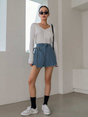 DAZY Women's Asymmetrical Frayed Hem Denim Skirt Shorts