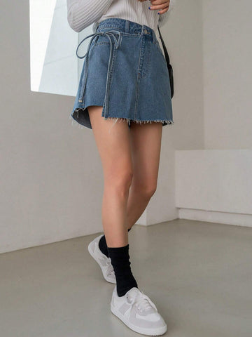 DAZY Women's Asymmetrical Frayed Hem Denim Skirt Shorts
