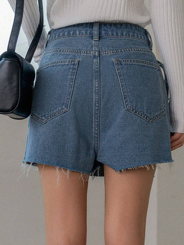 DAZY Women's Asymmetrical Frayed Hem Denim Skirt Shorts