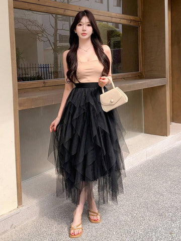 DAZY Women's Asymmetrical Mesh Midi Skirt