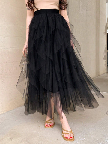 DAZY Women's Asymmetrical Mesh Midi Skirt