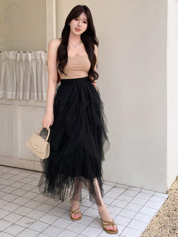 DAZY Women's Asymmetrical Mesh Midi Skirt