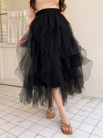 DAZY Women's Asymmetrical Mesh Midi Skirt