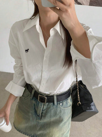 DAZY Women's Autumn Horse Pattern Drop Shoulder Long Sleeve Single Breasted Casual Loose Shirt