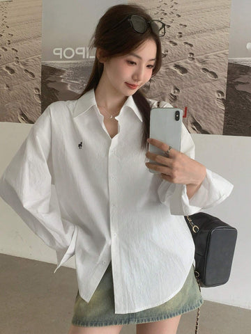 DAZY Women's Autumn Horse Pattern Drop Shoulder Long Sleeve Single Breasted Casual Loose Shirt