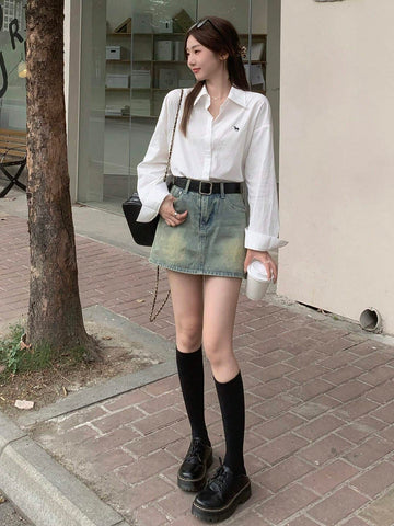 DAZY Women's Autumn Horse Pattern Drop Shoulder Long Sleeve Single Breasted Casual Loose Shirt