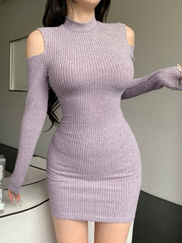 DAZY Women's Autumn Open Shoulder Long Sleeve Short Tight Hollow Out Bodycon Dress