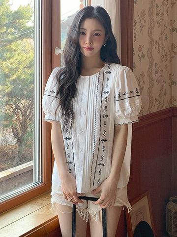 DAZY Women's Bohemian Short Sleeve Embroidered Blouse,