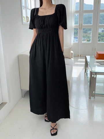 DAZY Women's Bubble Sleeve Elastic Waist Jumpsuit