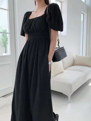 DAZY Women's Bubble Sleeve Elastic Waist Jumpsuit