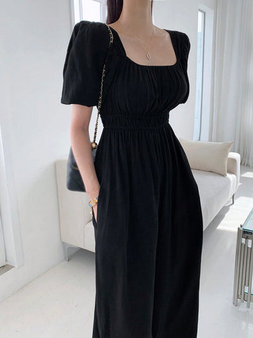 DAZY Women's Bubble Sleeve Elastic Waist Jumpsuit
