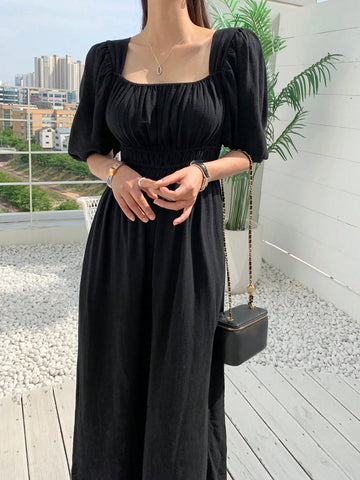 DAZY Women's Bubble Sleeve Elastic Waist Jumpsuit