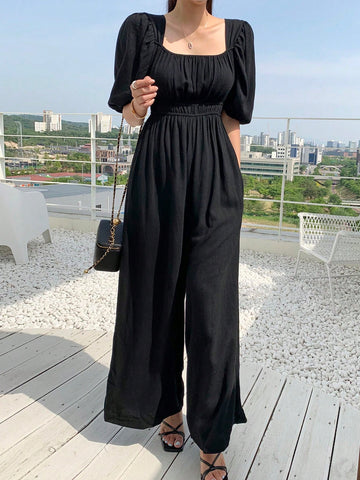 DAZY Women's Bubble Sleeve Elastic Waist Jumpsuit