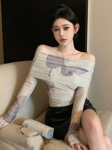 DAZY Women's Butterfly Printed Mesh Slim Fit Off Shoulder T-Shirt