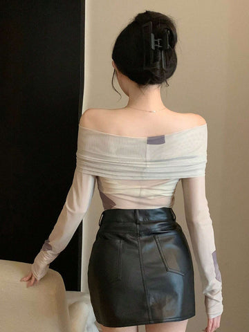 DAZY Women's Butterfly Printed Mesh Slim Fit Off Shoulder T-Shirt