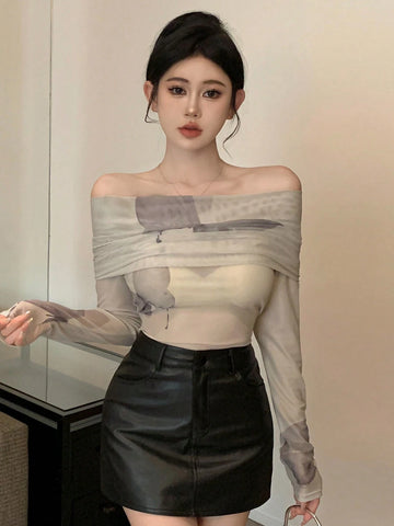 DAZY Women's Butterfly Printed Mesh Slim Fit Off Shoulder T-Shirt