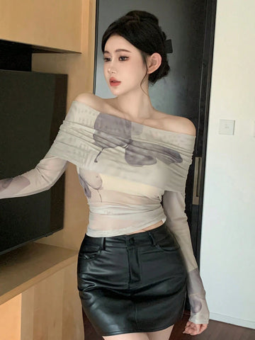 DAZY Women's Butterfly Printed Mesh Slim Fit Off Shoulder T-Shirt