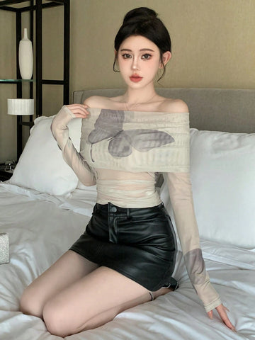 DAZY Women's Butterfly Printed Mesh Slim Fit Off Shoulder T-Shirt