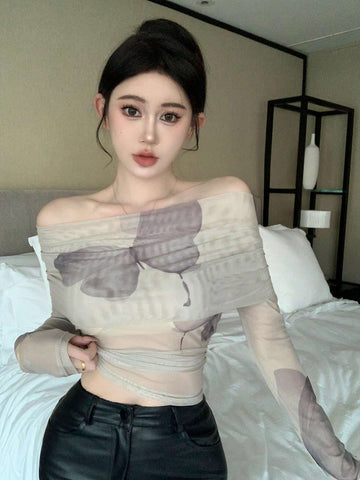 DAZY Women's Butterfly Printed Mesh Slim Fit Off Shoulder T-Shirt