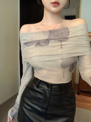 DAZY Women's Butterfly Printed Mesh Slim Fit Off Shoulder T-Shirt