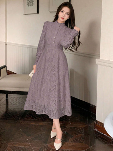 DAZY Women's Button Decorated Long Sleeve Dress With Textured Print