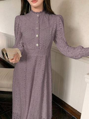 DAZY Women's Button Decorated Long Sleeve Dress With Textured Print