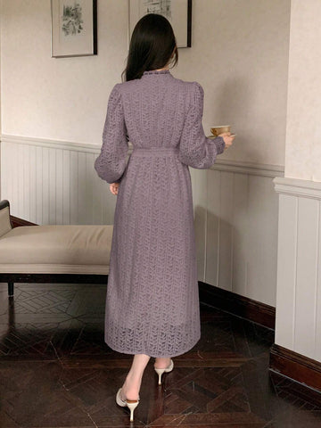 DAZY Women's Button Decorated Long Sleeve Dress With Textured Print