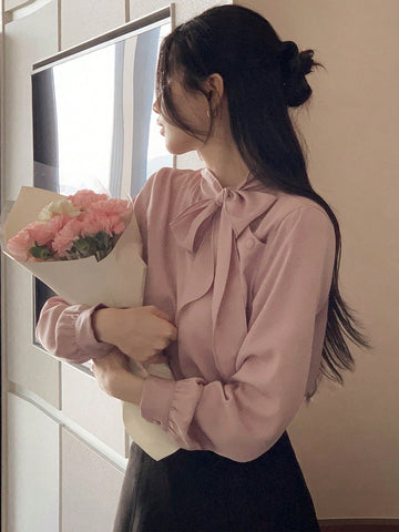DAZY Women's Casual Bow Tie Long Sleeve Elegant Korean Style Blouse