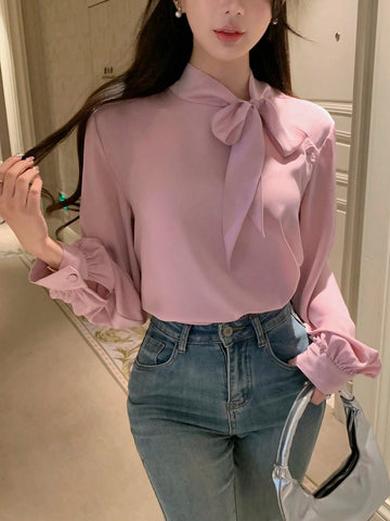 DAZY Women's Casual Bow Tie Long Sleeve Elegant Korean Style Blouse