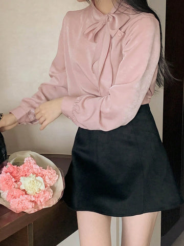 DAZY Women's Casual Bow Tie Long Sleeve Elegant Korean Style Blouse