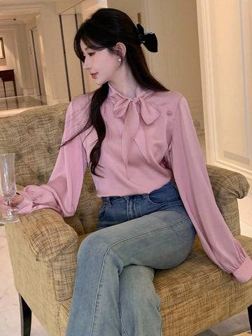 DAZY Women's Casual Bow Tie Long Sleeve Elegant Korean Style Blouse