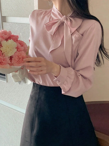 DAZY Women's Casual Bow Tie Long Sleeve Elegant Korean Style Blouse