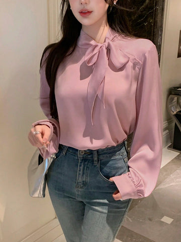 DAZY Women's Casual Bow Tie Long Sleeve Elegant Korean Style Blouse