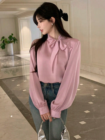 DAZY Women's Casual Bow Tie Long Sleeve Elegant Korean Style Blouse