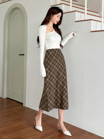 DAZY Women's Casual Plaid A-Line Skirt, Autumn