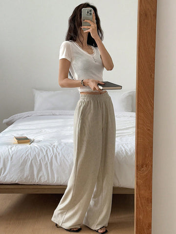 DAZY Women's Casual Plain Texture Pocket Straight Leg Sweatpants